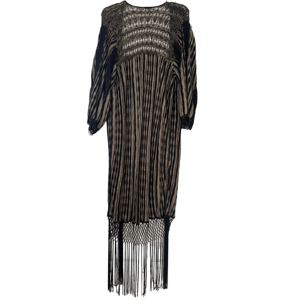 Free People Beautiful Black and Sand colored Fringe Cardigan duster